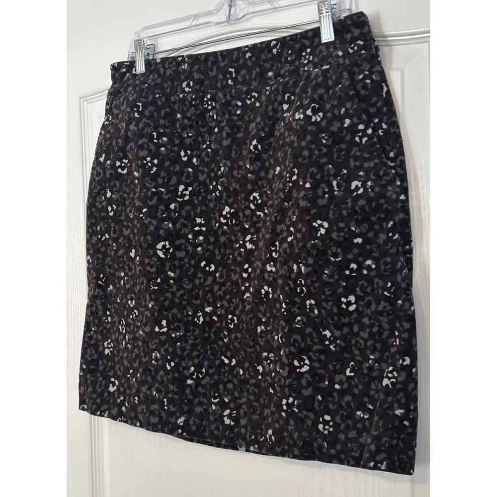 Talbots Corduroy Leopard Print Skirt Womens 10 Gray Black Animal Print Straight